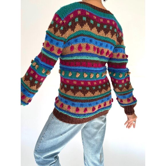 90s vintage multicolor striped polka dot pom poms textured chunky knit sweater - Picture 5 of 9